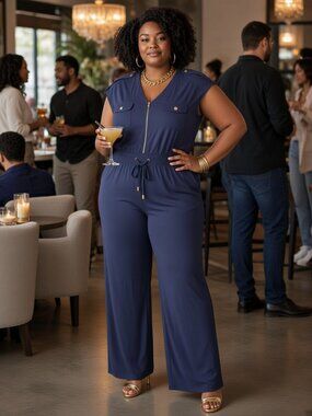 Emma & Michele Jumpsuit Sz XL Navy Blue Gold Zip Utility Wide Leg
